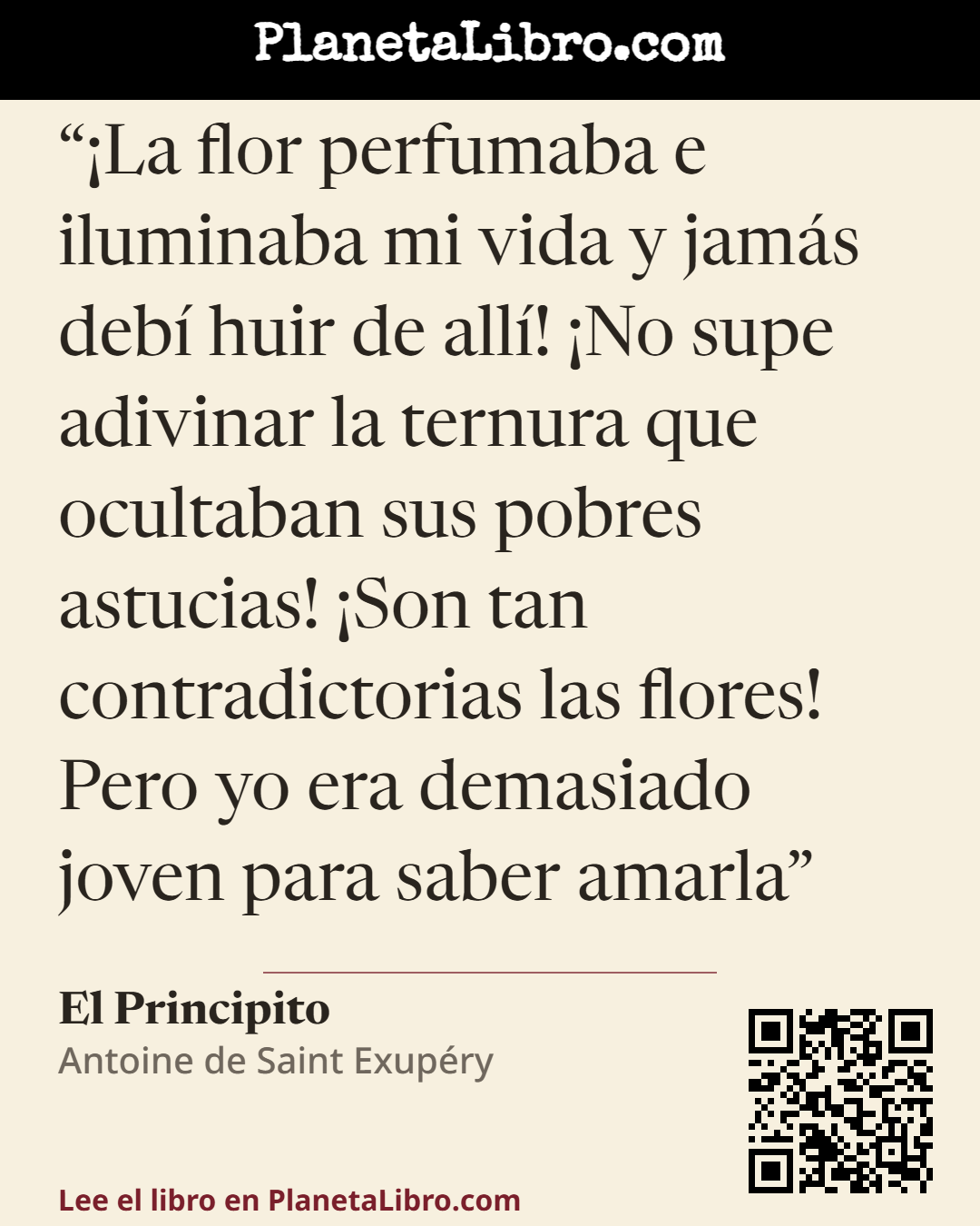 «�La flor perfumaba e iluminaba mi vida y jam�s deb� huir de all�! �No supe adivinar la ternura que ocultaban sus pobres astucias! �Son tan contradictorias las flores! Pero yo era demasiado joven para saber…». El Principito